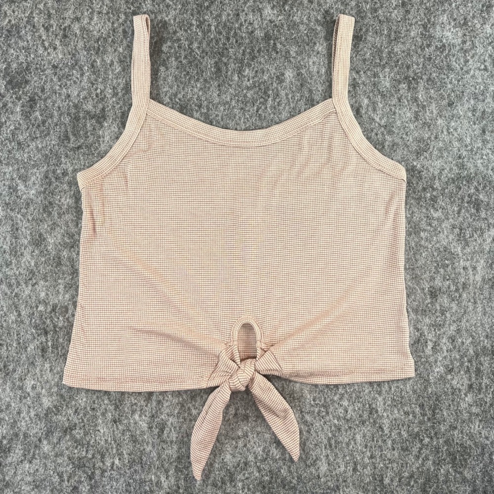 7DAY WKND Cami Top Womens L Tan Waffle Knit Tie Front Crop Boho Coquette Y2K 90s